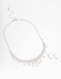 Silver Cubic Zirconia Statement Diamond Earrings & Necklace Set - link has visual effect only