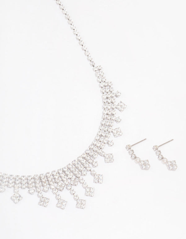 Silver Cubic Zirconia Statement Diamond Earrings & Necklace Set
