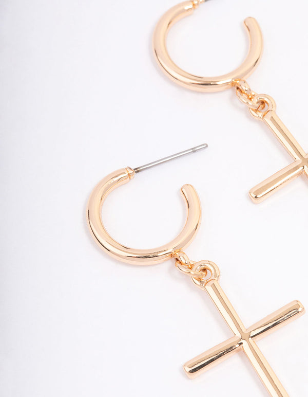 Gold Huggie Cross Pendant Earrings