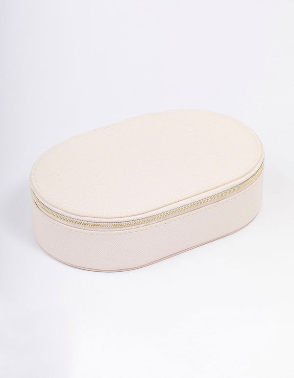 Cream Faux Leather Oval Compact Jewellery Box