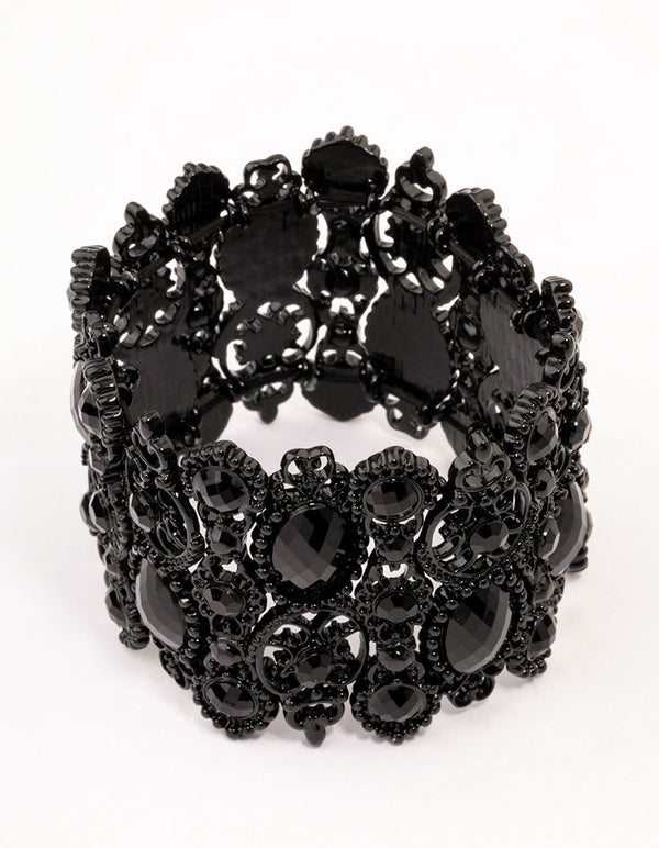 Black Lace Pattern & Diamante Stretch Bracelet