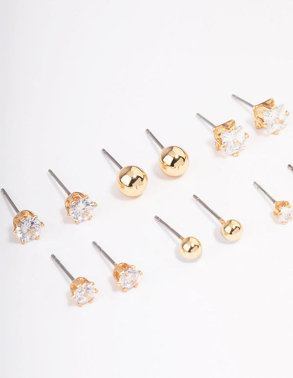 Gold Plated Cubic Zirconia & Ball Stud Earrings 6-Pack
