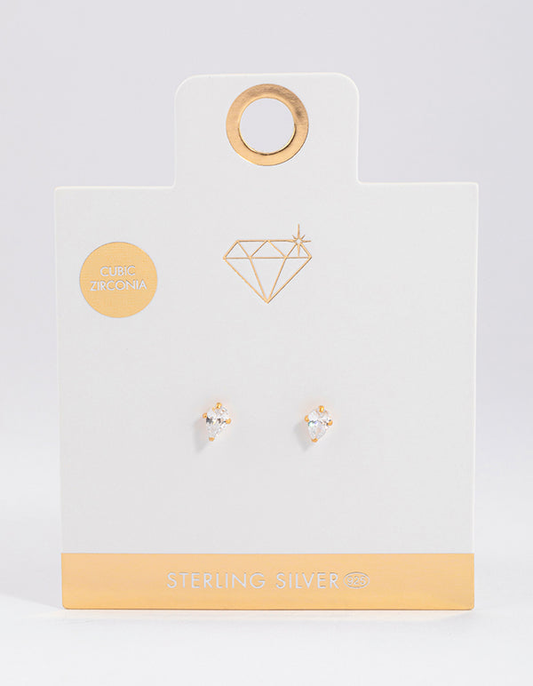 Gold Plated Sterling Silver Pear Cubic Zirconia Stud Earrings