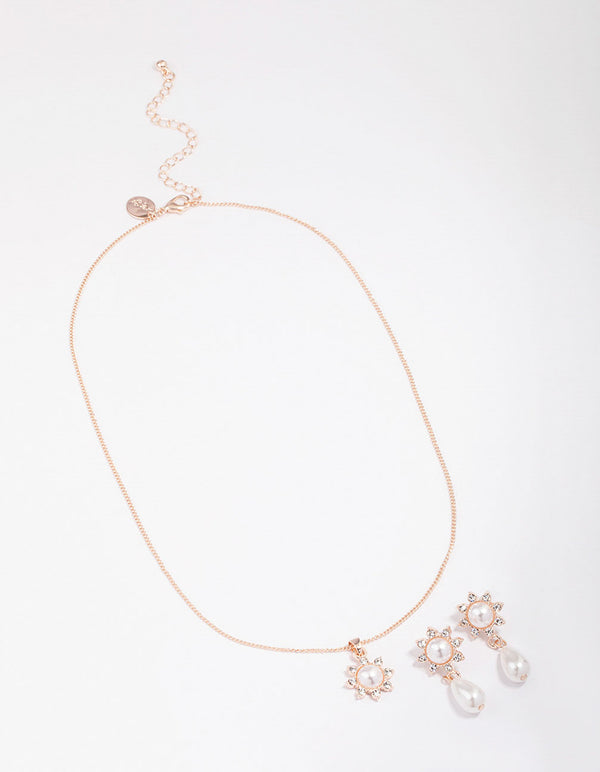 Rose Gold Pearl Flower Drop Jewellery Set
