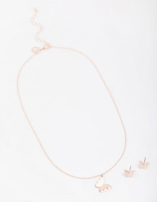 Rose Gold Sandblast Butterfly Jewellery Set