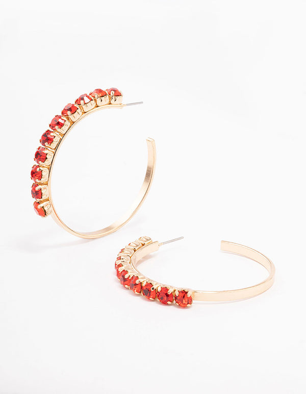 Gold Round Red Diamante Medium Hoop Earrings