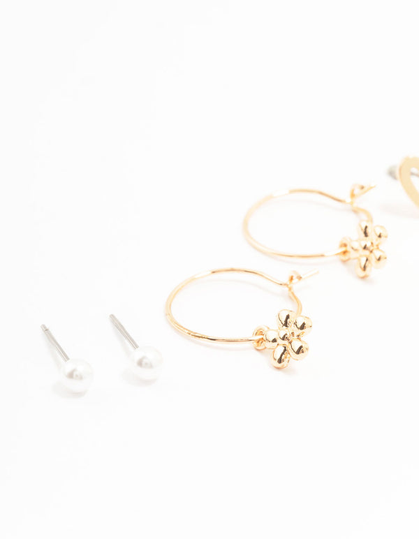 Gold Pearl Heart Flower Earrings 3-Pack