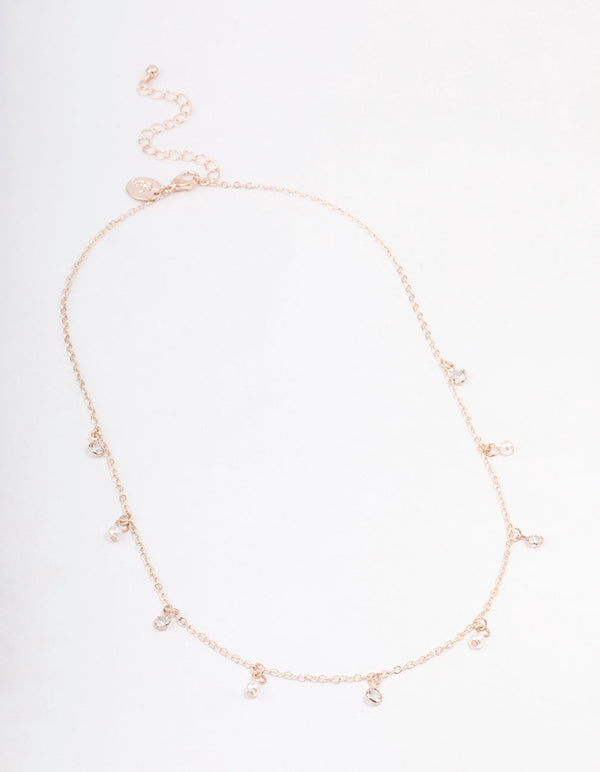 Rose Gold Diamante & Pearl Drop Station Necklace