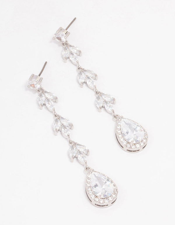 Silver Leaf Halo Pear Drop Earrings