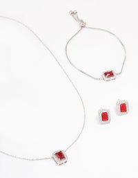 Silver Ruby Diamond Simulant Halo Jewellery Set - link has visual effect only