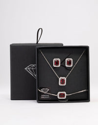 Silver Ruby Diamond Simulant Halo Jewellery Set - link has visual effect only