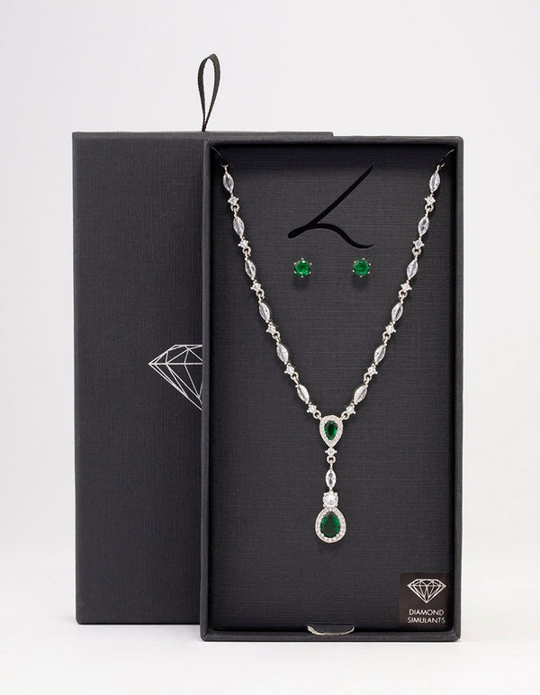 Silver Emerald Oval Pear Jewellery Set