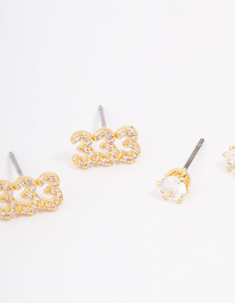 Gold Plated Cubic Zirconia Angel Number 333 Stud Earring Pack