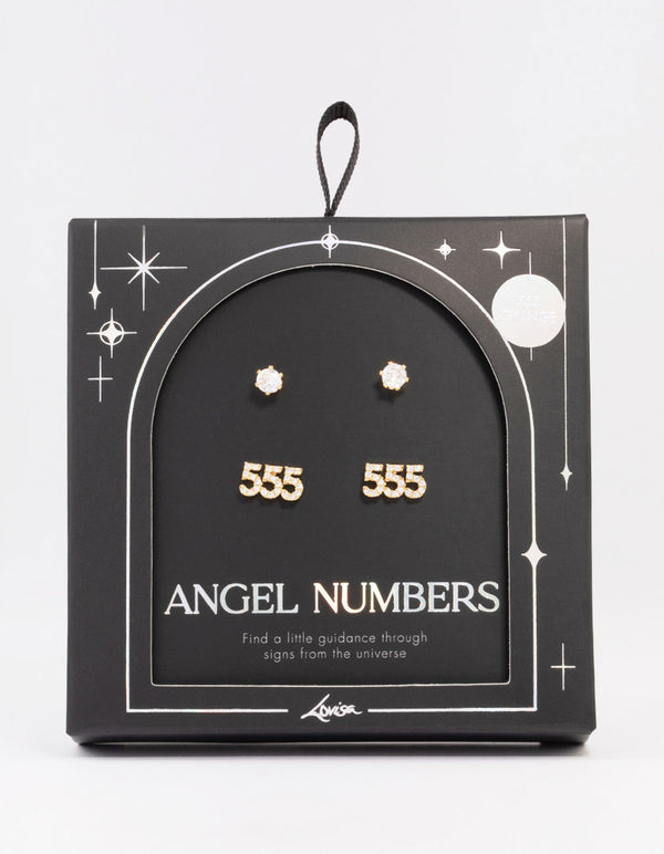 Gold Plated Cubic Zirconia Angel Number 555 Stud Earring Pack