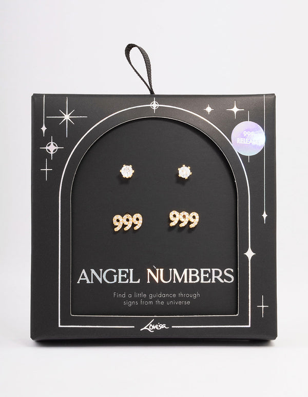 Gold Plated Cubic Zirconia Angel Number 999 Stud Earring Pack