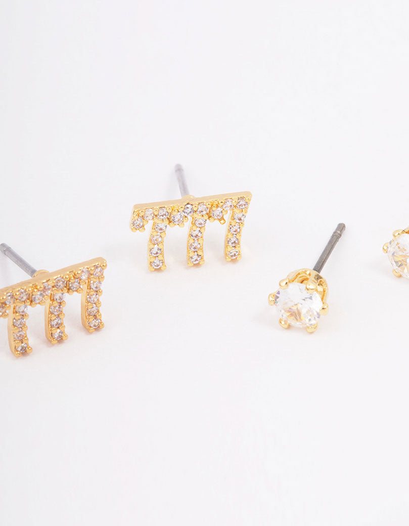 Gold Plated Cubic Zirconia Angel Number 777 Stud Earring Pack