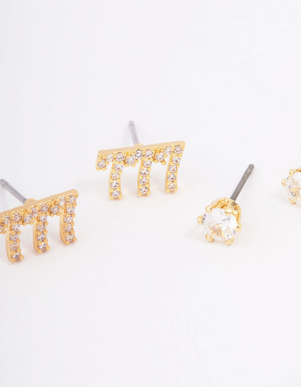 Gold Plated Cubic Zirconia Angel Number 777 Stud Earring Pack