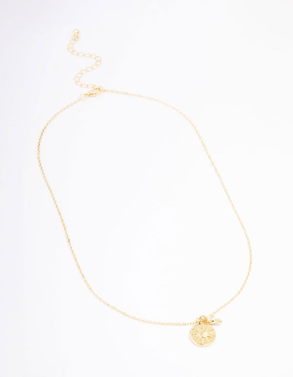 Gold Plated Star Disc & Cubic Zirconia Drop Pendant Necklace