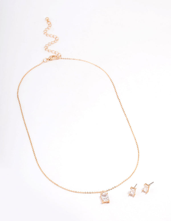 Gold Rectangle Cubic Zirconia Earring & Necklace Set