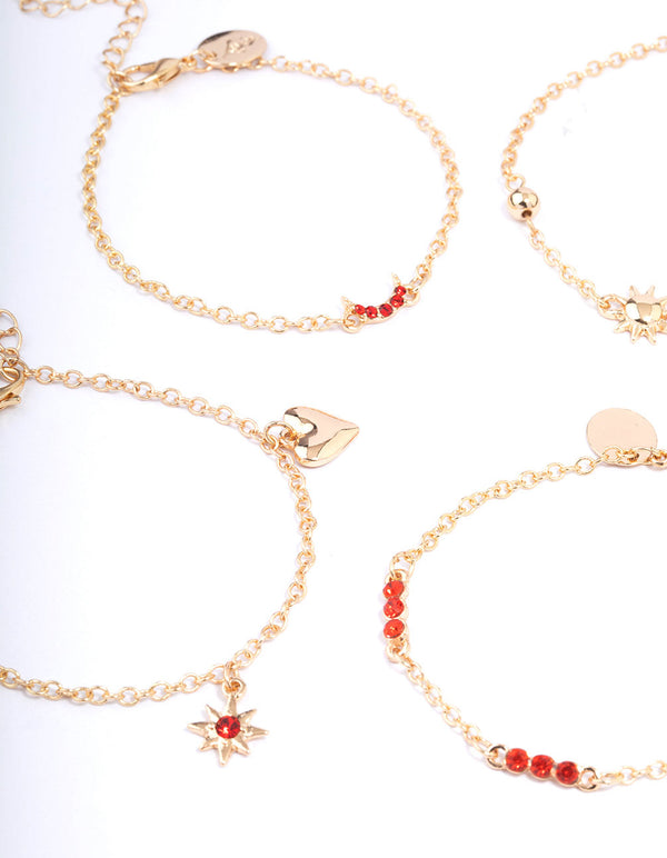 Red 5 Row Charm Gold Bracelets & Anklets Set
