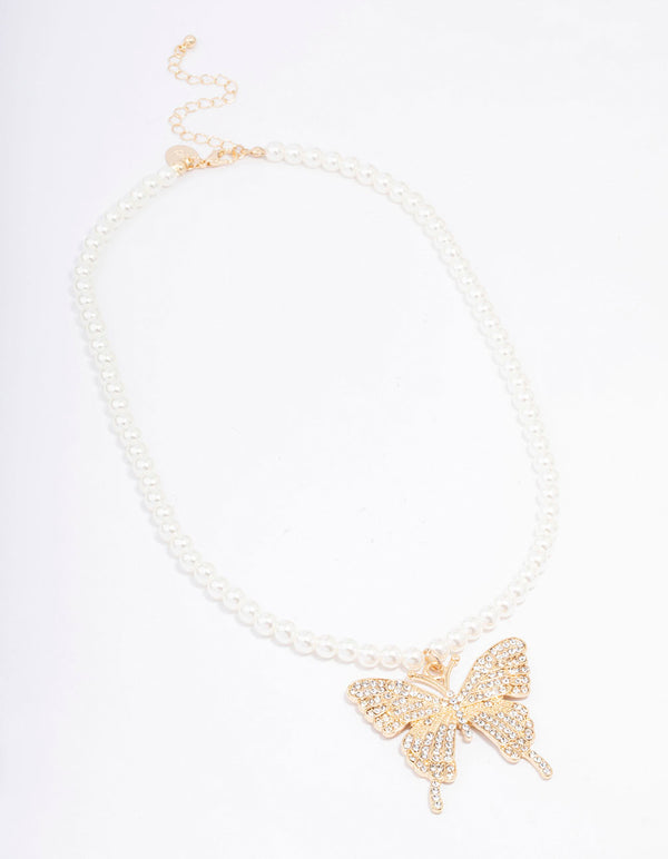 Gold Pearl & Butterfly Diamante Pendant Necklace
