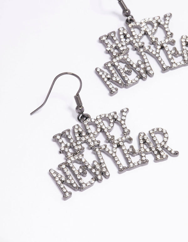 Gunmetal Happy New Year Diamante Drop Earrings