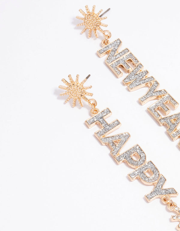 Gold Happy New Year Drop Earrings