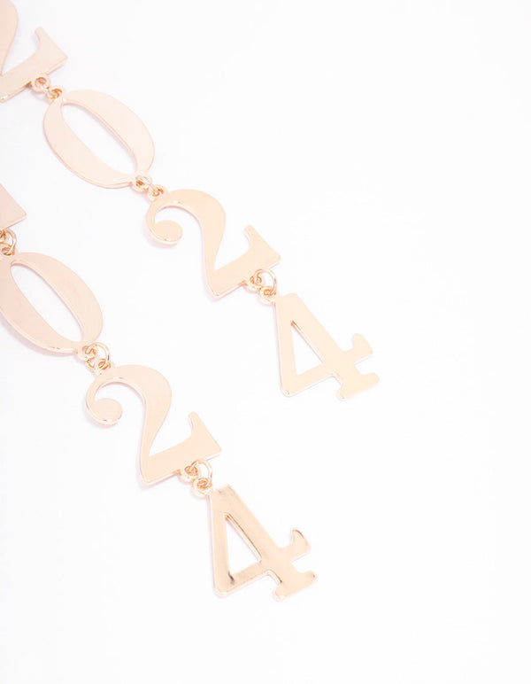 Gold Metallic 2024 New Year Drop Earrings