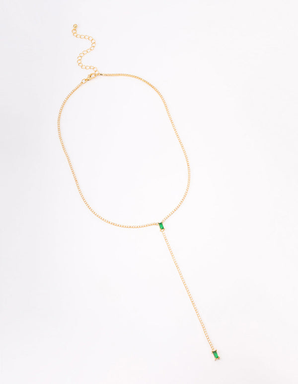 Gold Plated Cubic Zirconia Baguette Emerald Y-Shaped Necklace