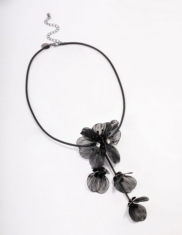 Black Flower Drop Y-Shape Necklace
