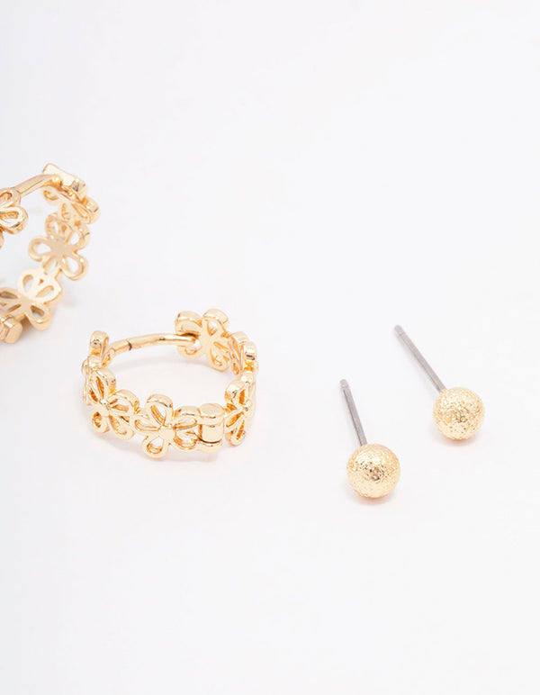 Gold Cubic Zirconia Mixed Flower Earring 3-Pack