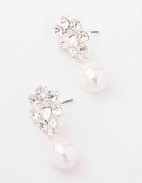 Silver Diamante Flower Pearl Drop Earrings - link has visual effect only