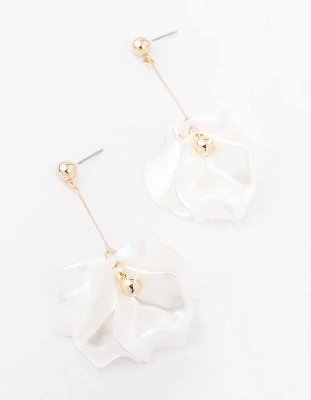 Gold White Pearlised Petal Drop Earrings
