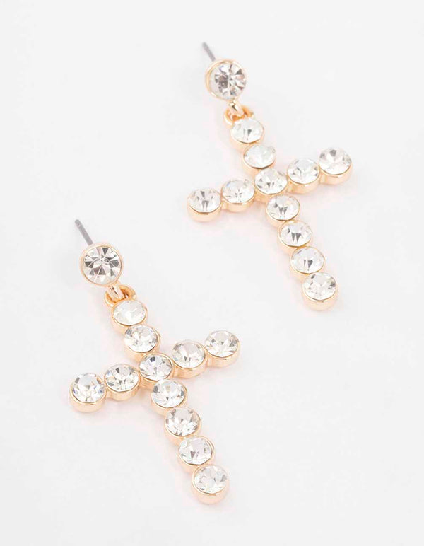 Gold Circle Diamante Cross Stud Earrings