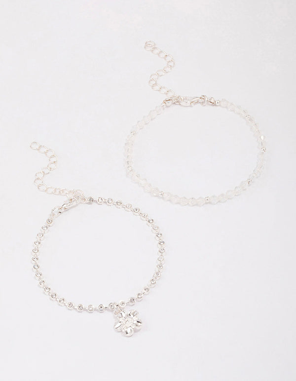 Silver Beaded Diamante Flower Charm Bracelet Pack