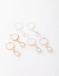 Mixed Metal Drop Pear Diamante Huggie Earring 3-Pack - link has visual effect only