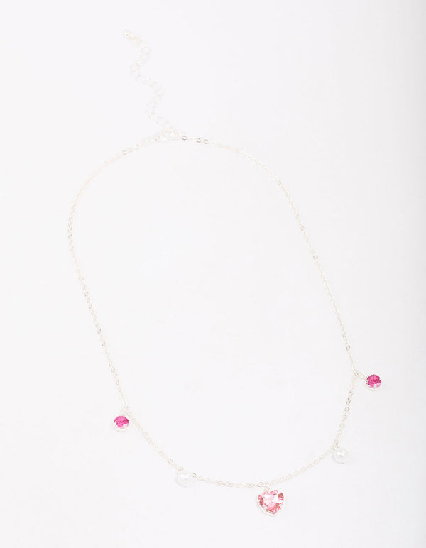 Silver Pearl & Diamante Heart Necklace