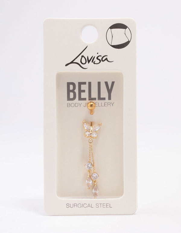 Gold Plated Surgical Steel Butterfly Cubic Zirconia Chain Belly Ring
