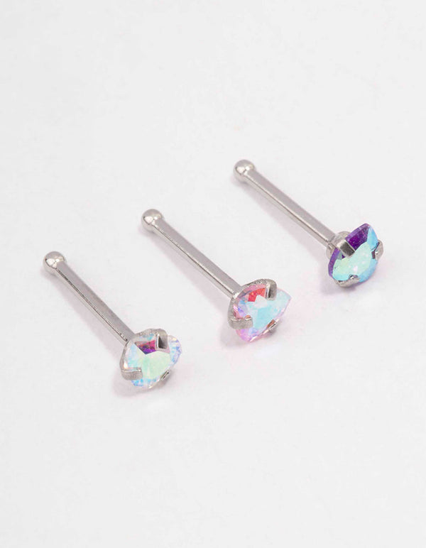 Surgical Steel Cubic Zirconia Heart Nose Piercing 3-Pack