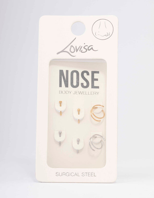 Surgical Steel Two-Toned Spiral Stud Crystal Nose Stud 6-Pack