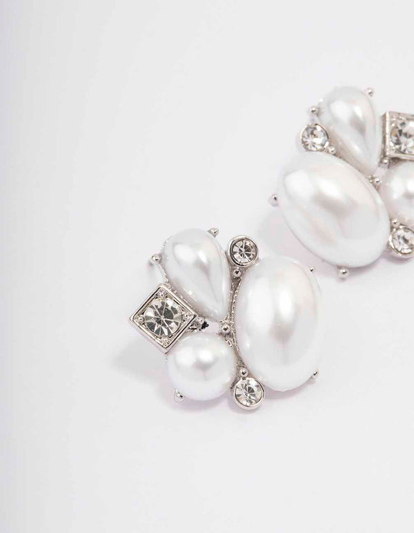 Silver Pearl Diamante Marquise Stud Earrings