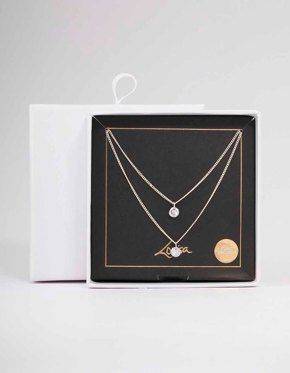 Silver Double Chain Floating Diamante Necklace