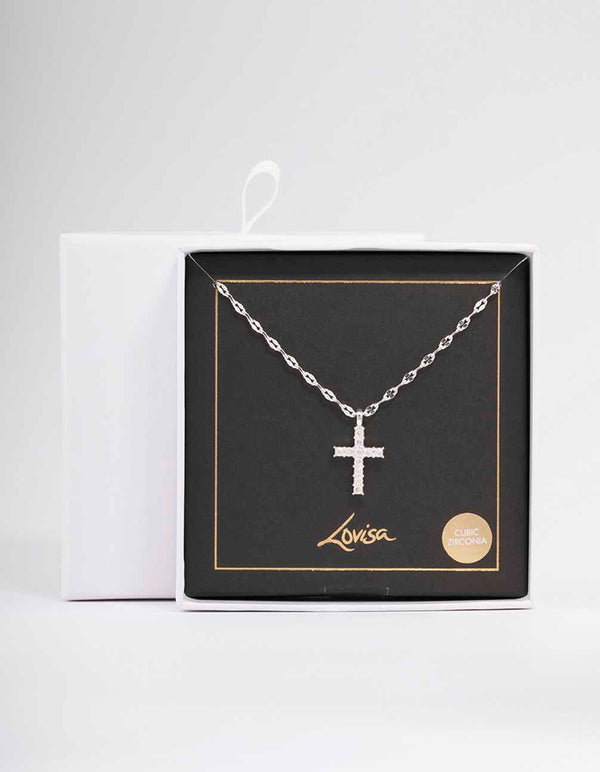 Silver Bezel Diamante Cross Necklace