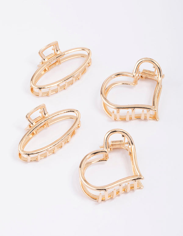 Gold Heart & Oval Hair Claw Clip 4-Pack