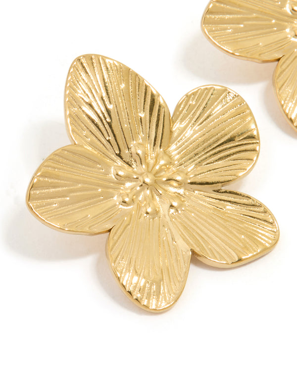 Waterproof Gold Plated Stainless Steel Textured Flower Stud Earrings