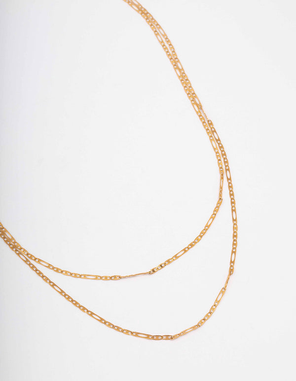 Gold Plated Stainless Steel Figaro Double Chain Necklace