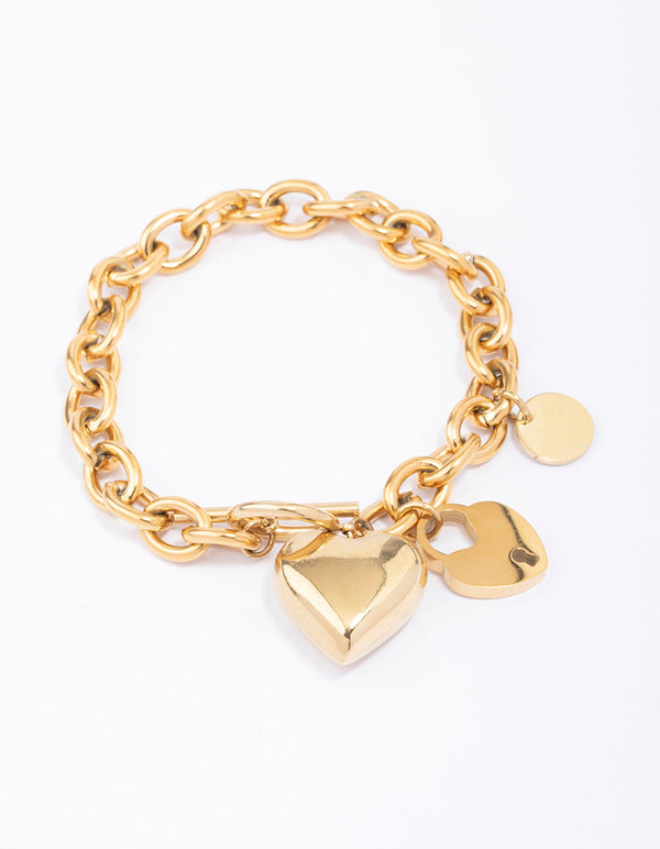 Gold Plated Stainless Steel Puffy Heart Charm & Lock Bracelet