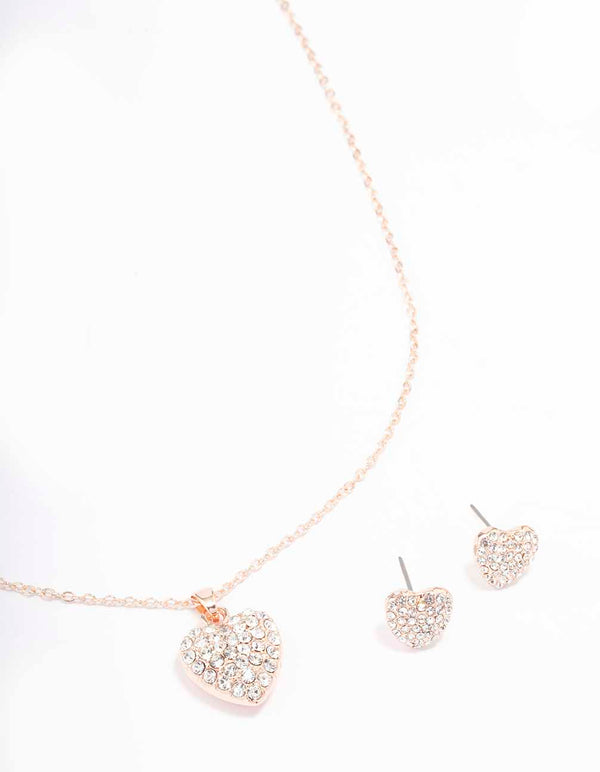 Rose Gold Diamante Heart Necklace & Stud Earring Set