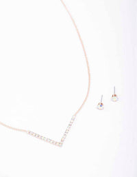 Rose Gold Cubic Zirconia V-Shaped Necklace & Stud Earring Set - link has visual effect only
