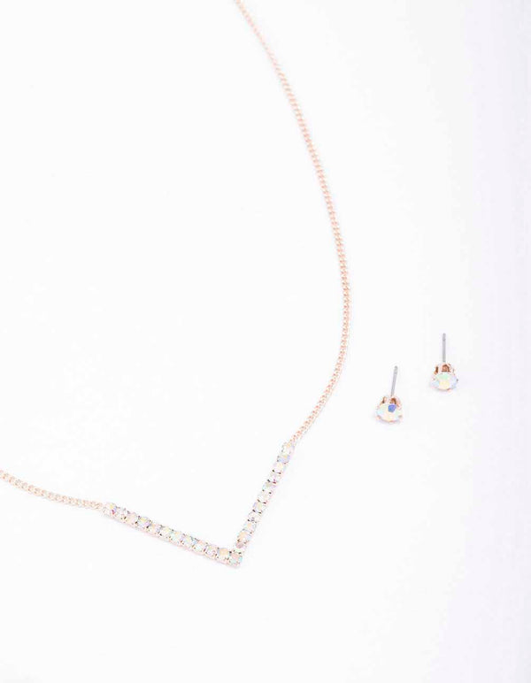 Rose Gold Cubic Zirconia V-Shaped Necklace & Stud Earring Set